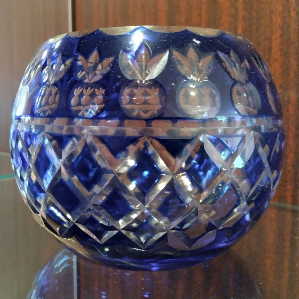 Crystal with Cobalt Blue Overlay and Clear Cut Decor Candle Holder Votive